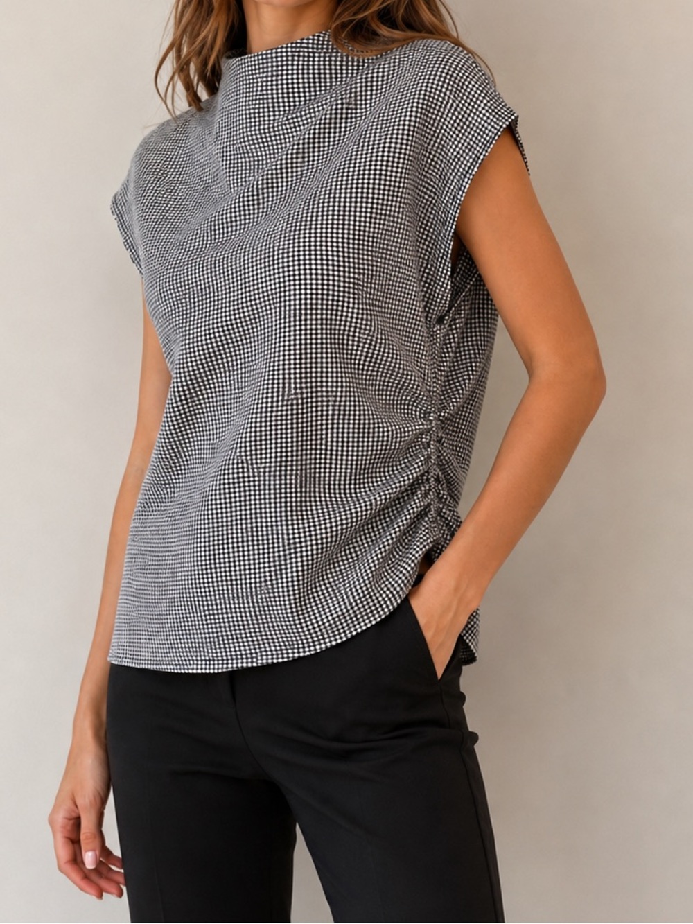 Halogen Micro-Check Mock Neck Top